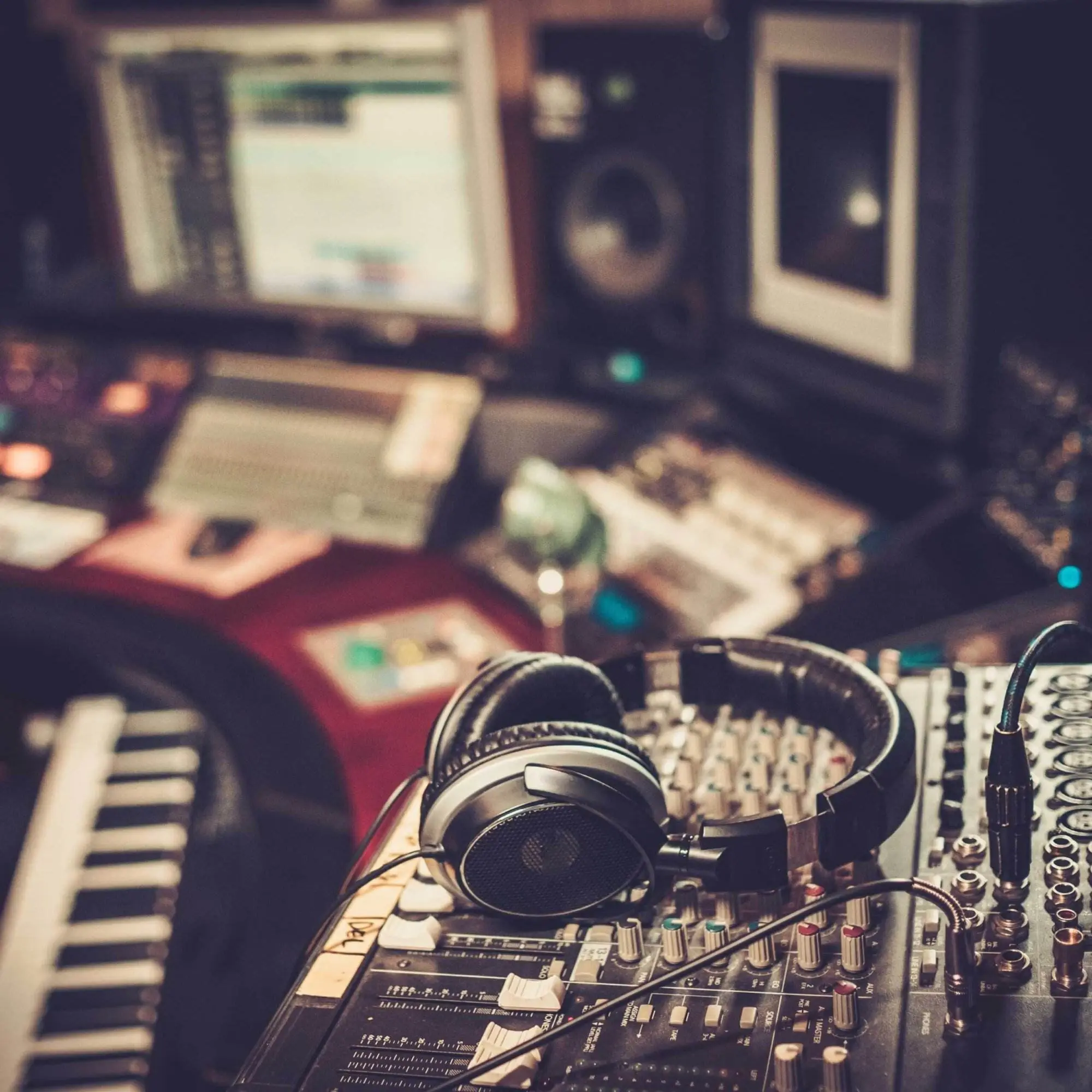 A busy recording studio control desk with a mixing panel and headphones in the foreground and other elements in the background.